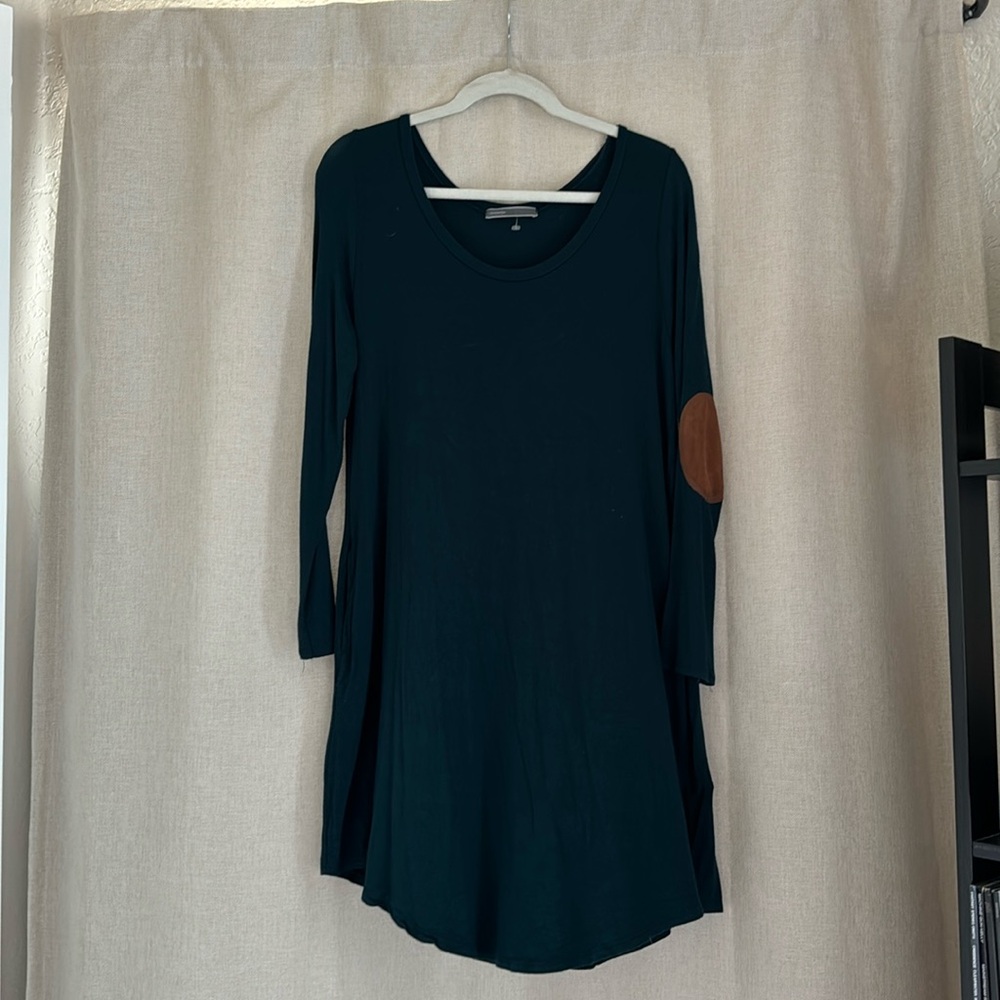 Jade Green dress with brown suede sleeve patches